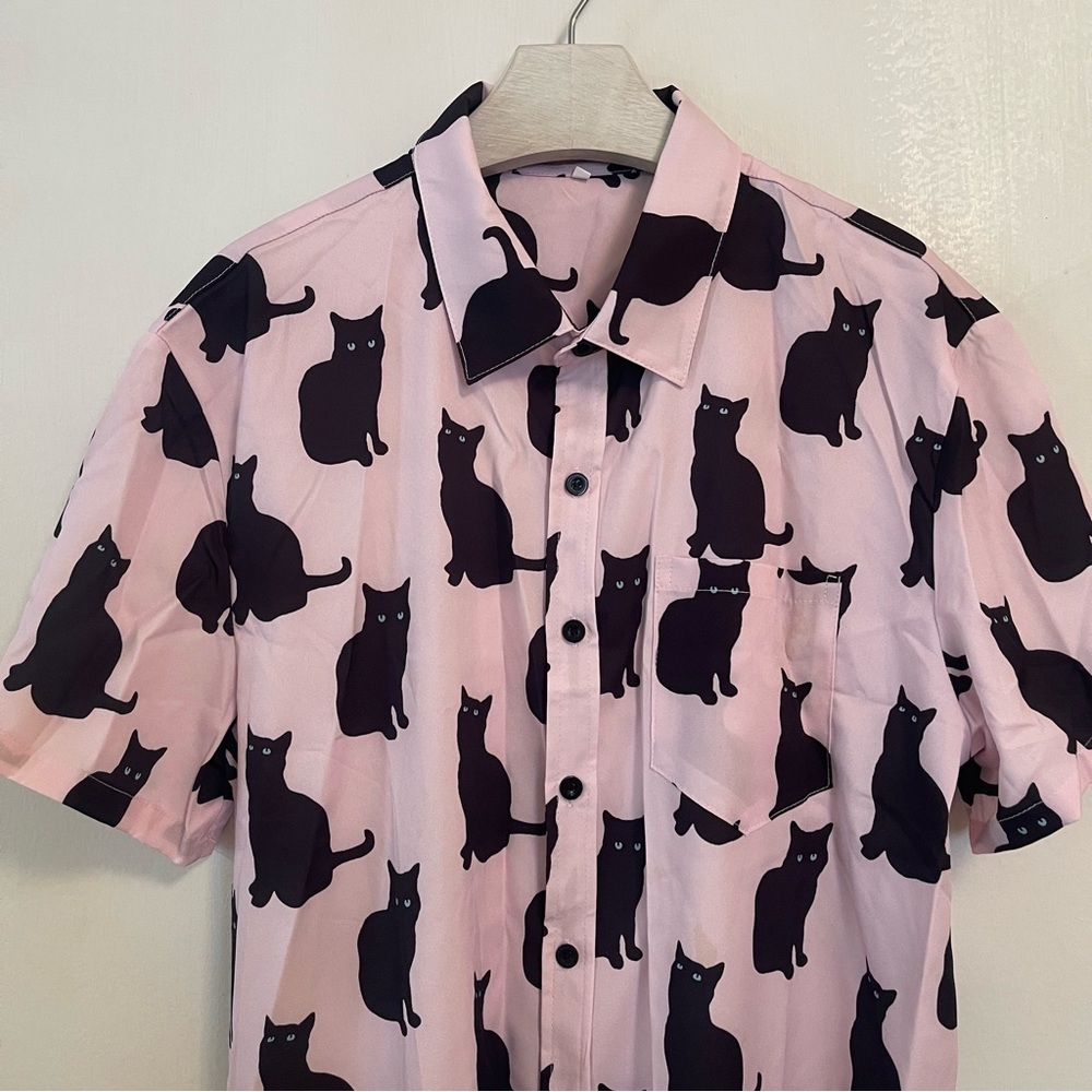 Shein Shirt Black Cats Pink Large New Button Down Mens - Picture 10 of 11